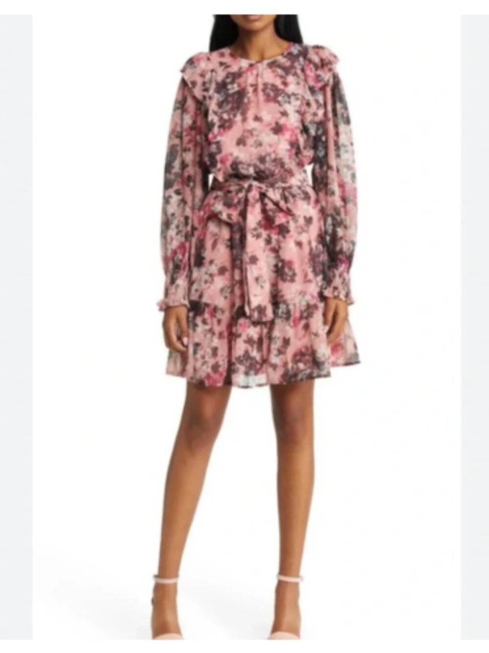 Rachel Parcell Pink & Brown Chiffon Ruffle Long Sleeve Mini Dress w/Tie Belt Sz4
